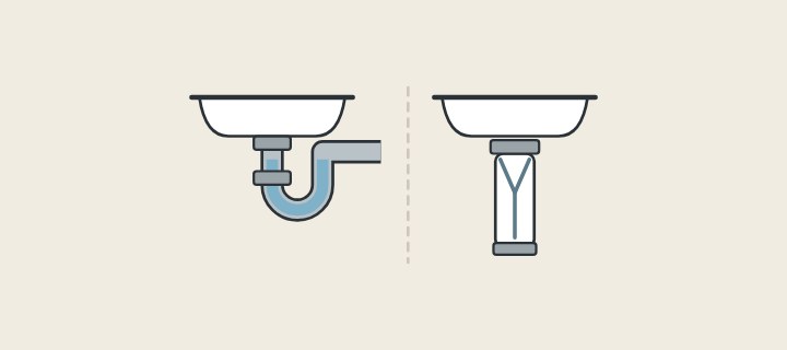 Illustration: a basin with a U-shaped water trap beside a basin with a straight membrane tube