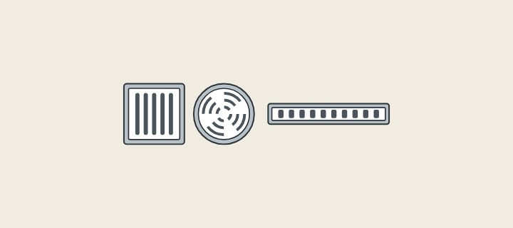 Illustration: a square, a round and a linear floor-drain grate seen from above