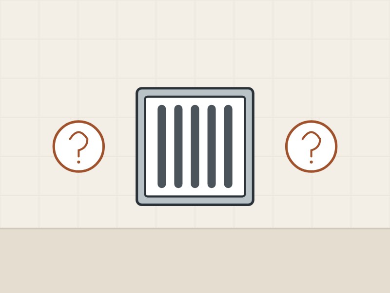 Illustration of a square drain grate between two question marks
