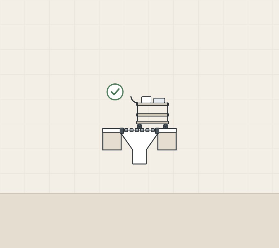 Illustration of a service trolley with a wheel on a floor-drain grate, with a tick