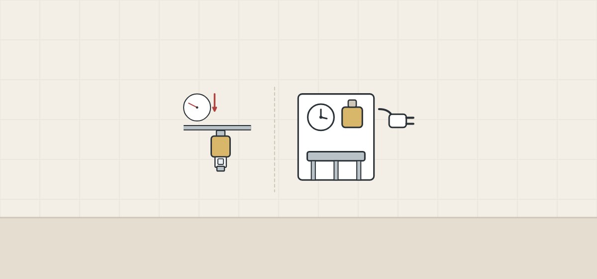 Illustration of a primer valve under a pressure gauge beside a timer cabinet with a clock, manifold and power plug