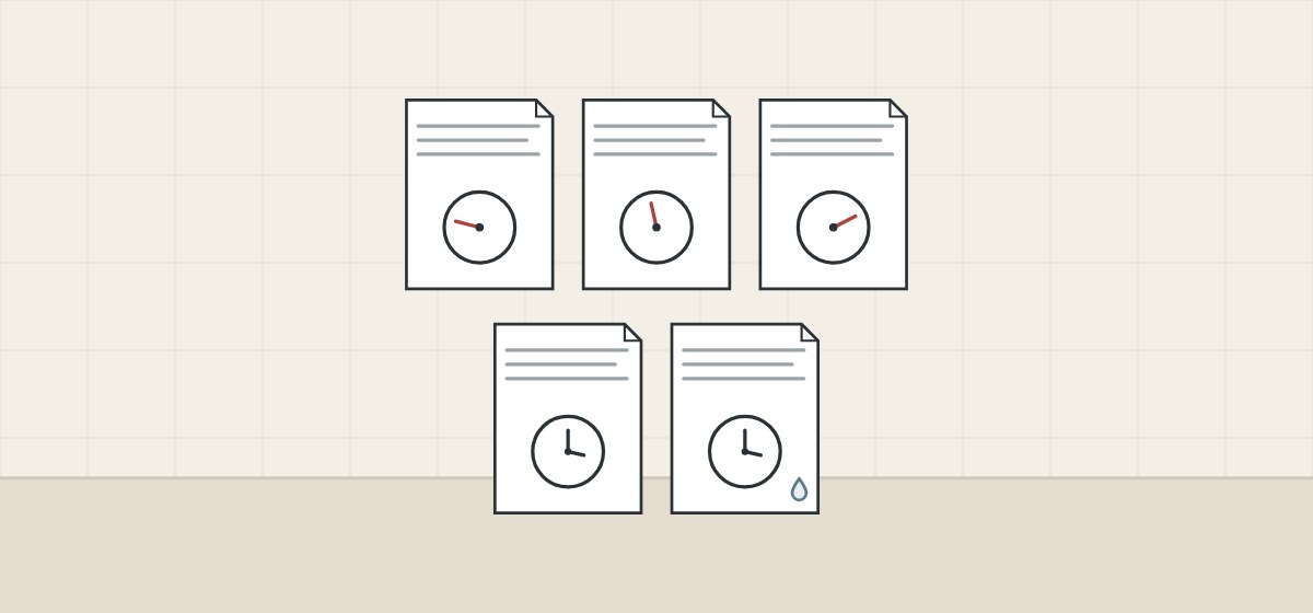 Illustration of three data sheets with pressure gauges at different readings and two data sheets with clocks