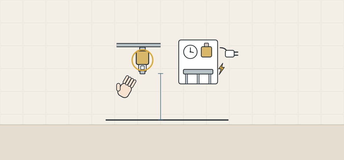 Illustration of a primer valve on a water line with a height bracket and a reaching hand, beside a timer cabinet with a power plug