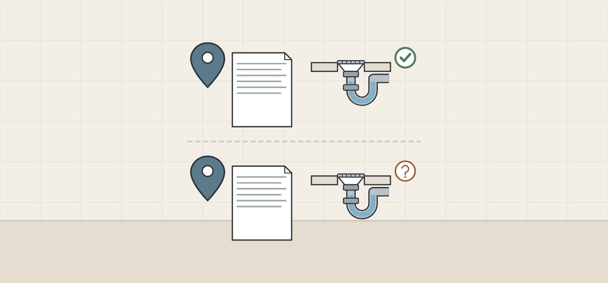 Illustration of two location pins, each with a rule document and a floor drain trap, one ticked and one with a question mark