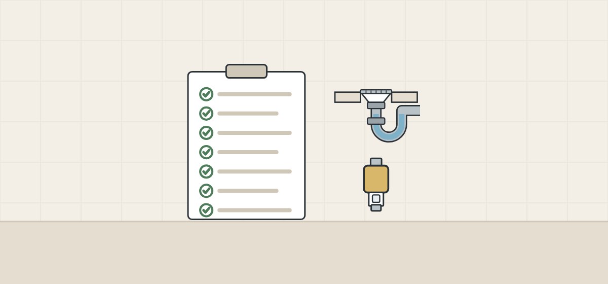 Illustration of a clipboard with seven ticked lines beside a floor drain trap and a separate primer valve