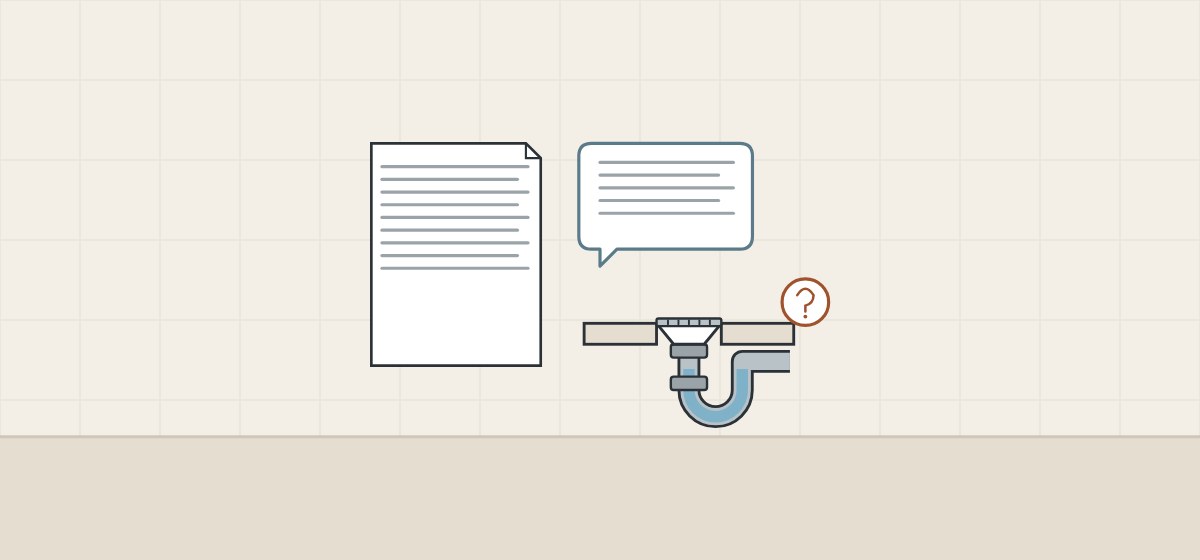 Illustration of a document, a message bubble and a floor drain trap with a question mark