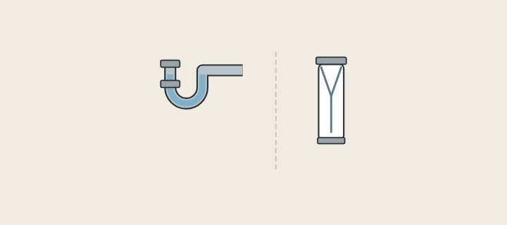 Illustration: a U-shaped trap holding a water seal beside a straight tube with a flexible membrane inside