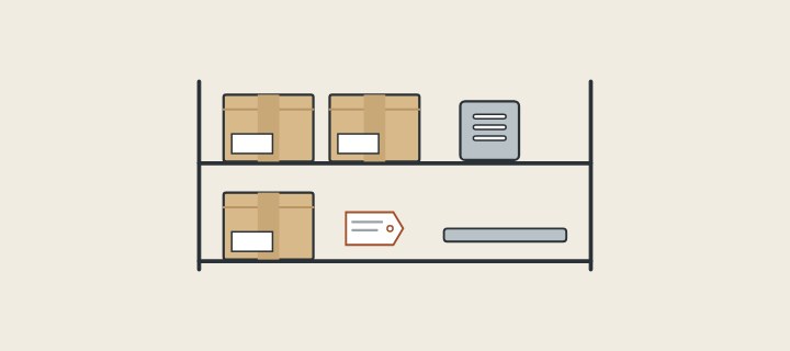 Illustration: two storage shelves holding cartons, a spare grate, a tag and a spare part