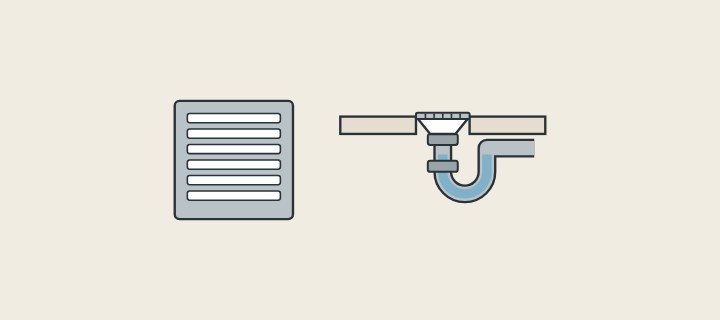 Illustration: a square floor drain grate from above beside a floor drain and trap in section