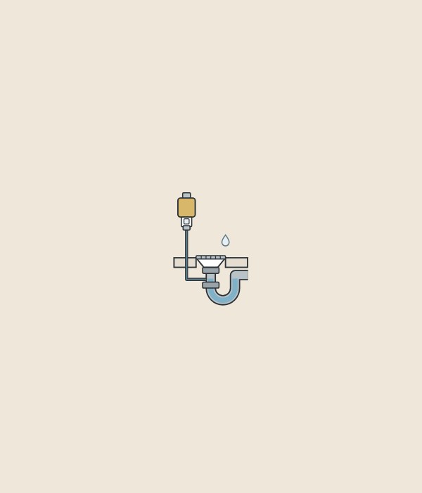 Illustration of a floor drain in section with a water trap and a small line from a primer feeding water into it