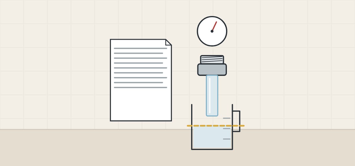 Illustration of a document beside a pressure gauge above an outlet filling a measuring jug