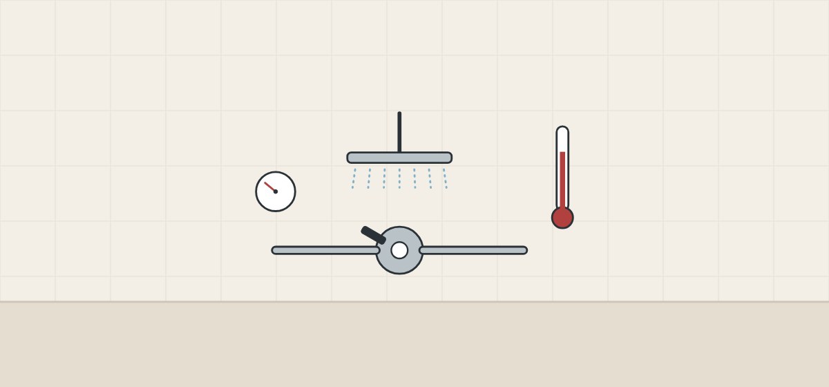 Illustration of an overhead shower above a wall mixing valve with a pressure gauge and a thermometer
