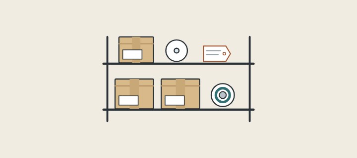 Illustration: two storage shelves holding cartons, two spare inserts and a tag