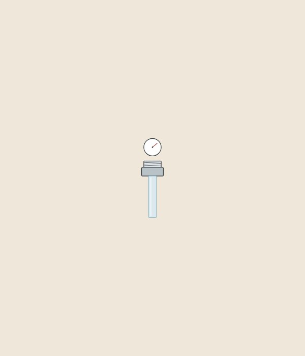 Illustration of a pressure gauge above a faucet outlet with a clear stream falling from it