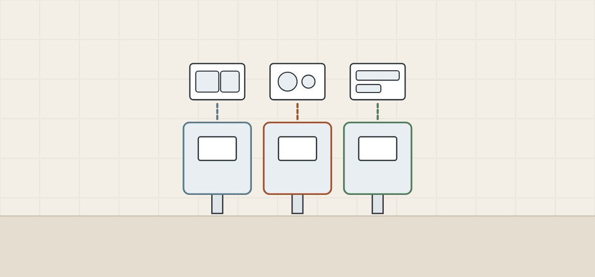 Illustration of three different flush plates, each joined by a dashed line to its own cistern