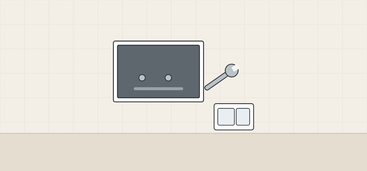 Illustration of an open service opening in a wall with a wrench and the removed flush plate beside it