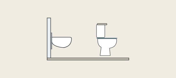Illustration: a wall-hung toilet bowl with a frame behind the wall, and a floor-standing toilet