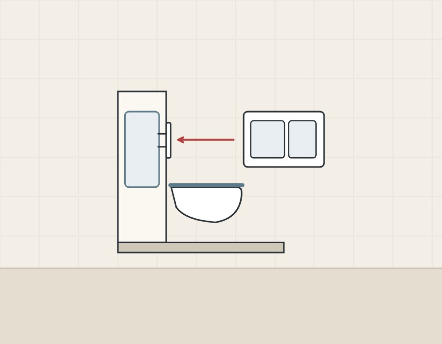 Illustration of a wall in section with a cistern inside and a flush plate with an arrow to its place on the wall