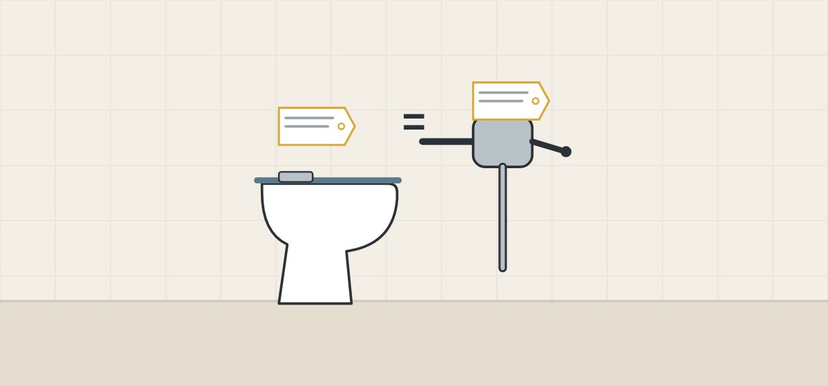 Illustration of a toilet bowl and a flushometer valve with matching tags