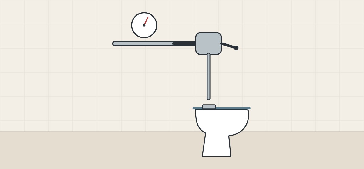 Illustration of a supply pipe with a pressure gauge feeding a flushometer valve and bowl