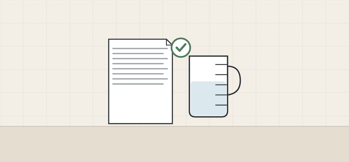 Illustration of a ticked document beside a measuring jug of water