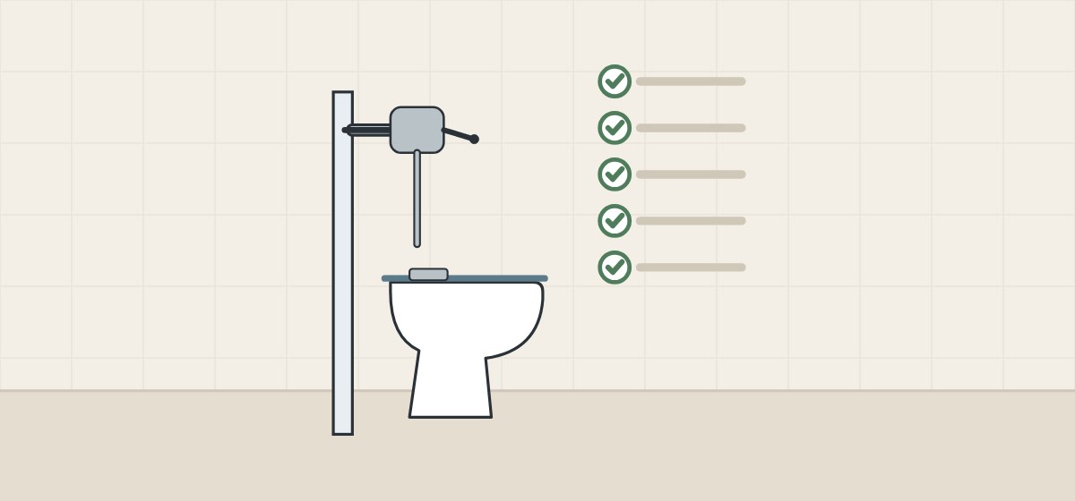 Illustration of a flushometer toilet beside a ticked checklist