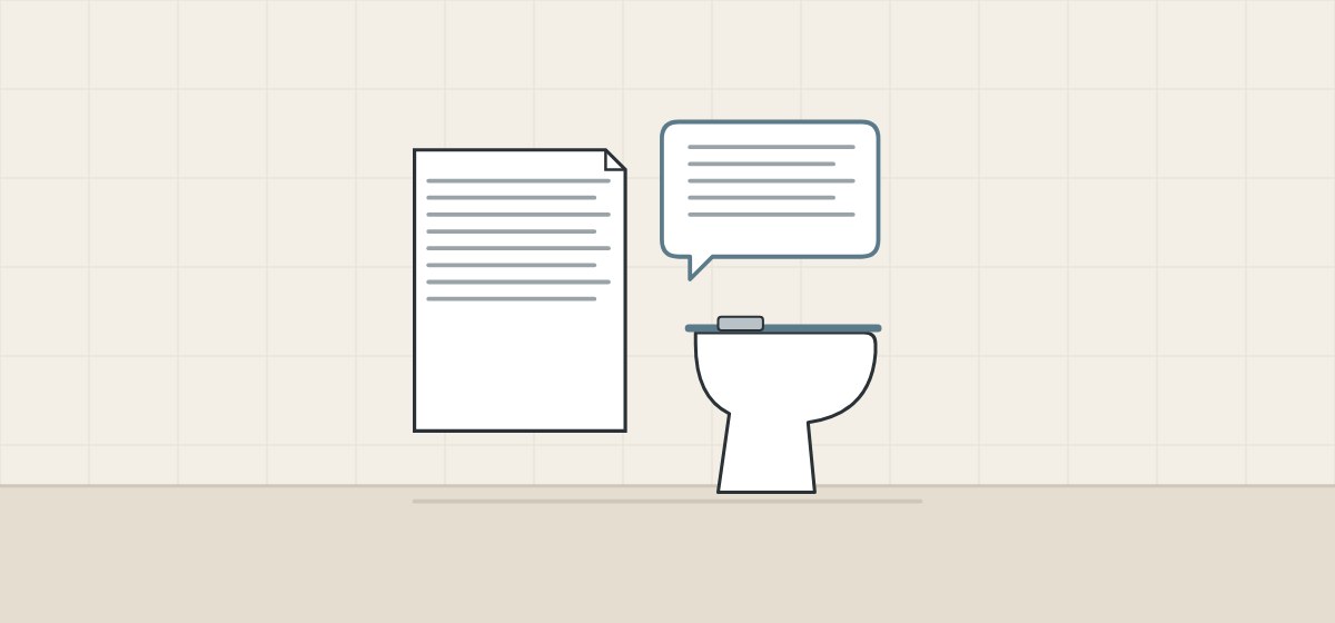 Illustration of a document, a message bubble and a toilet bowl