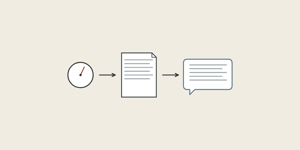 Illustration of a pressure gauge, a document and a message bubble linked by arrows