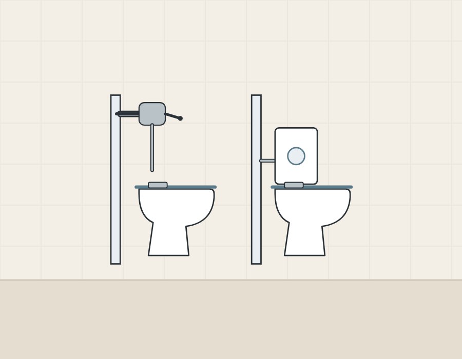 Illustration of a flushometer toilet beside a toilet with a tank