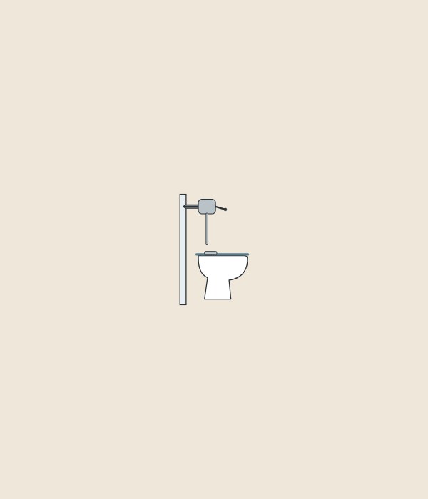 Illustration of a tankless toilet bowl with an exposed flushometer valve on a wall supply