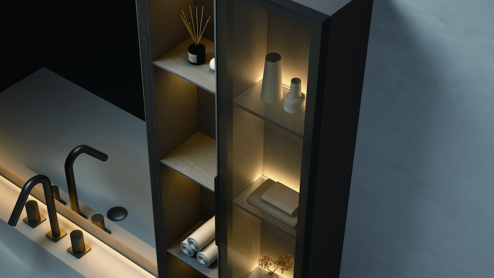 A dark vanity cabinet with open shelves and a wall-mounted tap