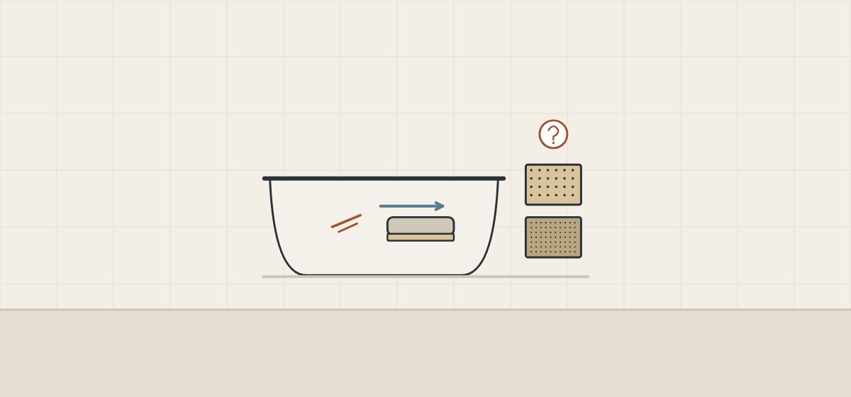 Illustration of a sanding block moving over a scratch on a bathtub wall beside a coarse and a fine abrasive sheet and a question mark