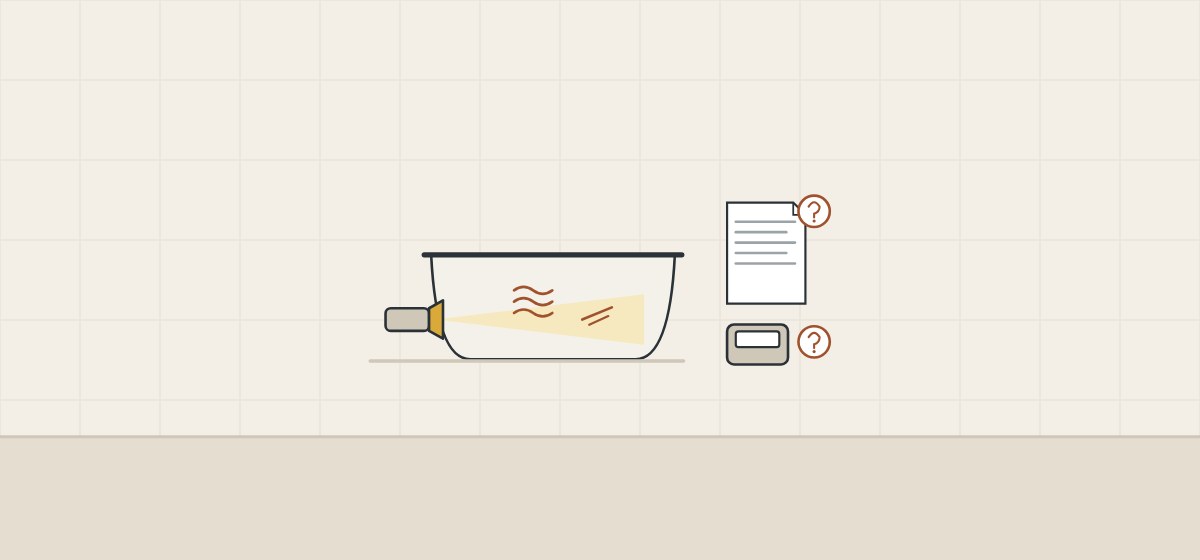 Illustration of a bathtub under a low lamp beside a standard document and a gloss meter, each with a question mark