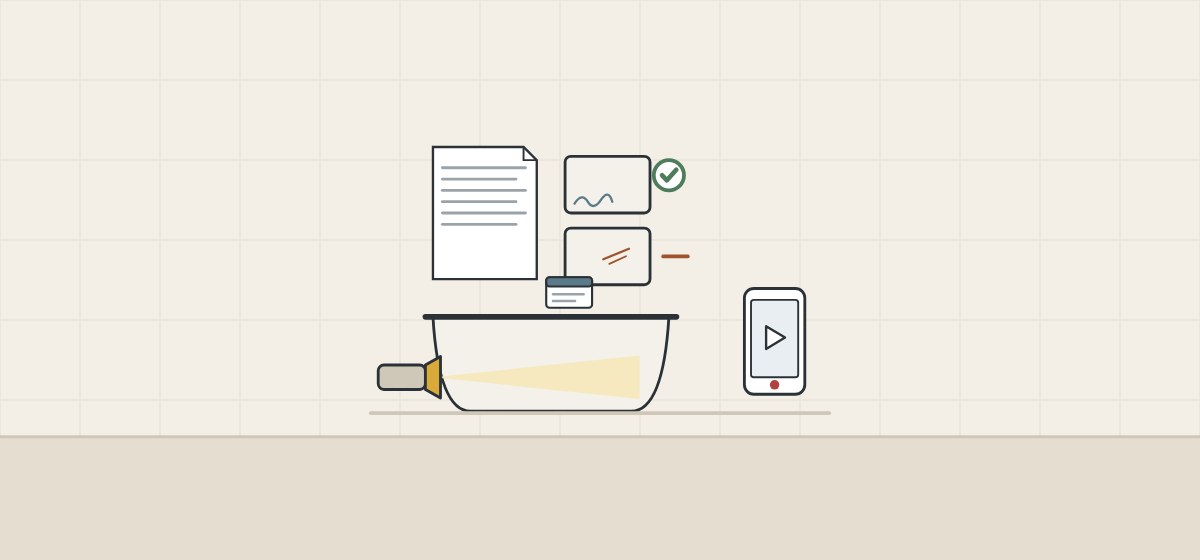 Illustration of a method sheet, an approved sample and a limit sample above a tagged bathtub filmed by a phone under a low lamp