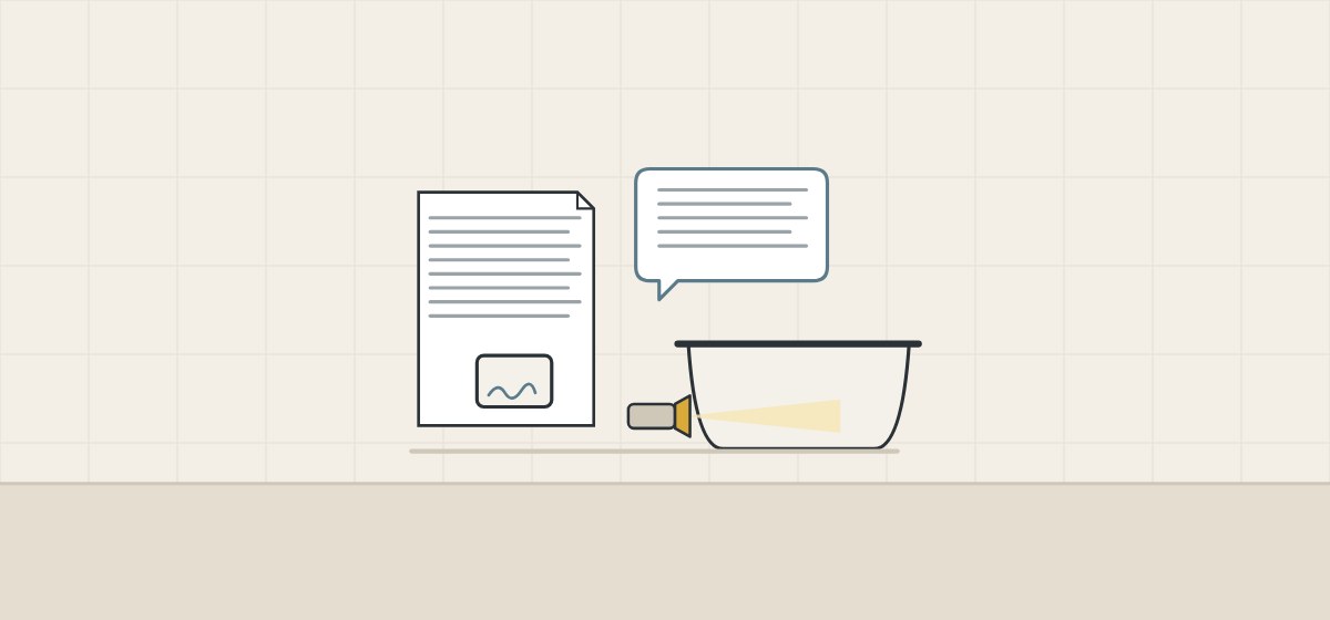 Illustration of a document with a signed sample, a message bubble, a bathtub and a hand lamp