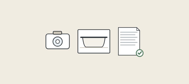 Illustration of a camera, a photograph of a bathtub and a document with a tick