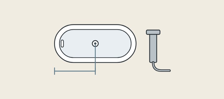 Illustration of a bathtub from above with its drain position measured, beside a waste pipe