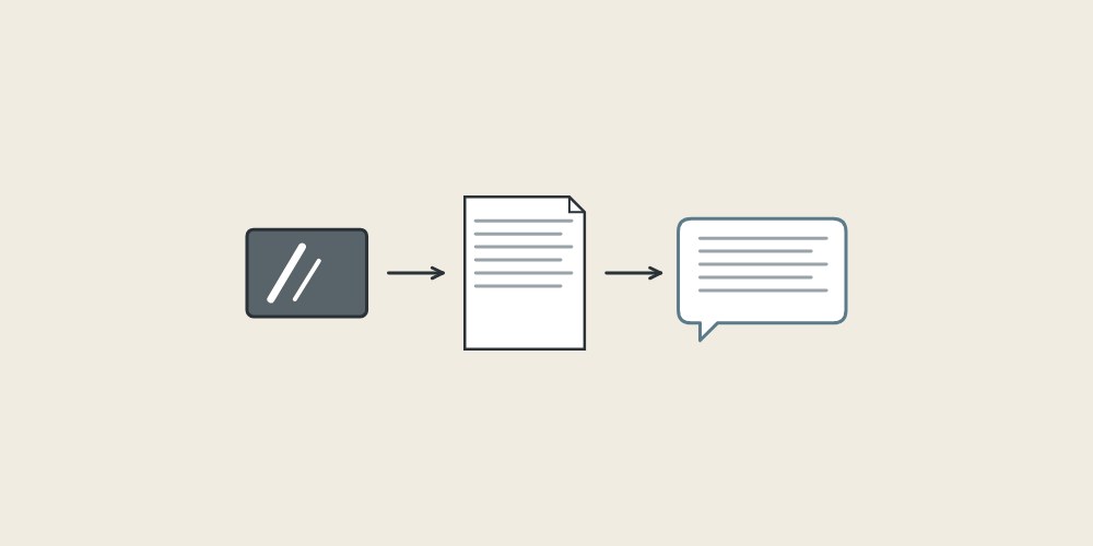 Illustration of a glossy dark finish sample, a method sheet and a message bubble linked by arrows