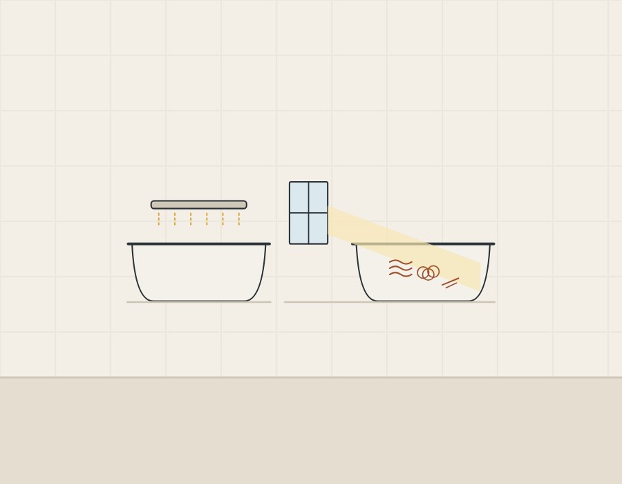 Illustration of the same bathtub under a soft overhead light and beside a window, where side light shows marks on its wall