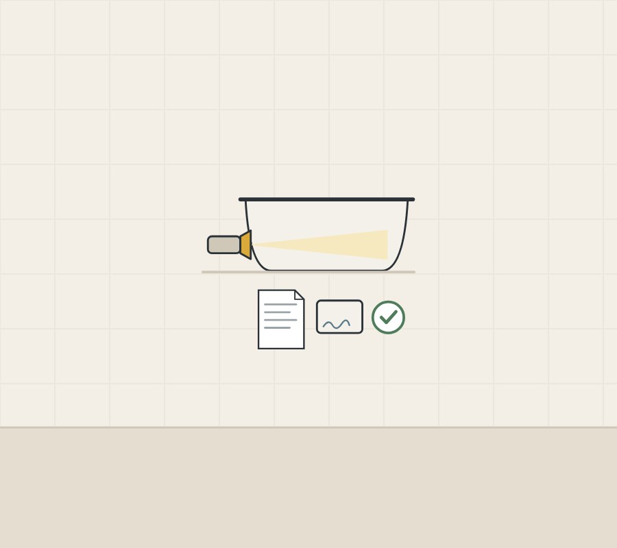 Illustration of a bathtub lit by a low lamp above a method sheet, a signed sample and a tick