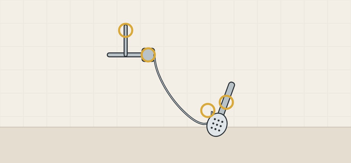 Illustration of a hand-shower set with circles at the shower arm, wall supply, hose end and hand shower