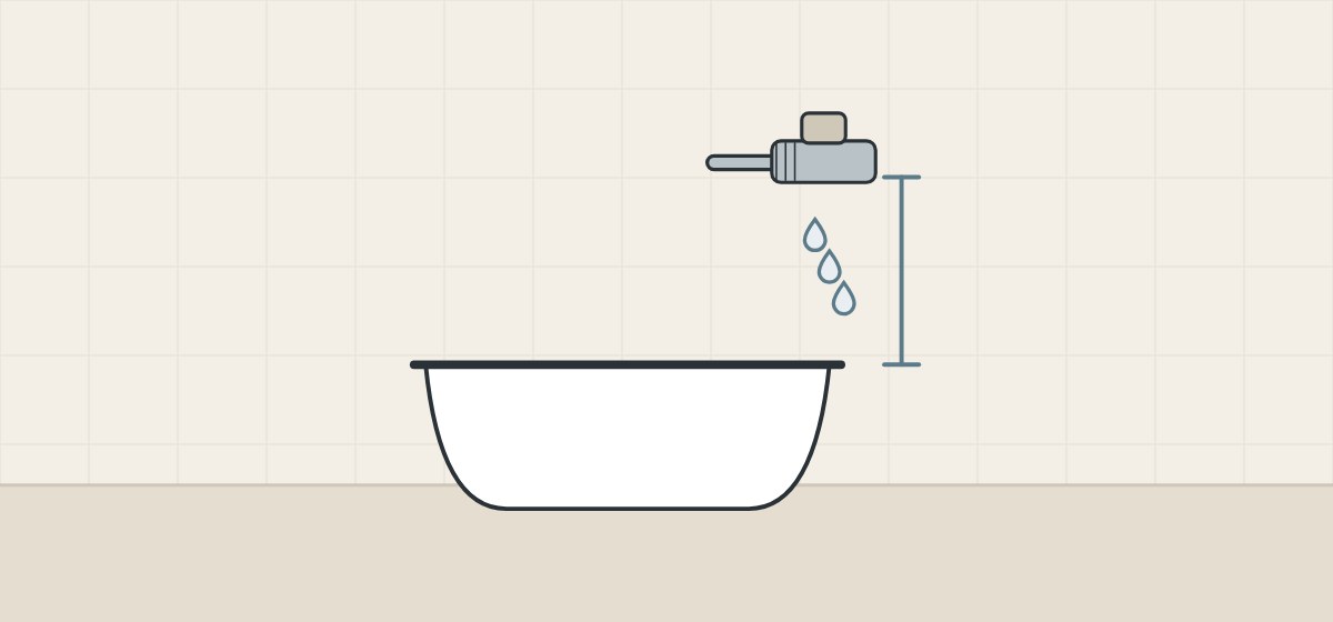 Illustration of a vacuum-breaker fitting mounted above a tub rim with drops falling from it