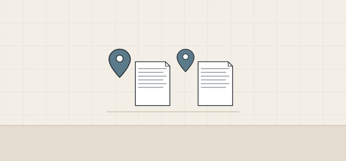 Illustration of two location pins, each beside a code document