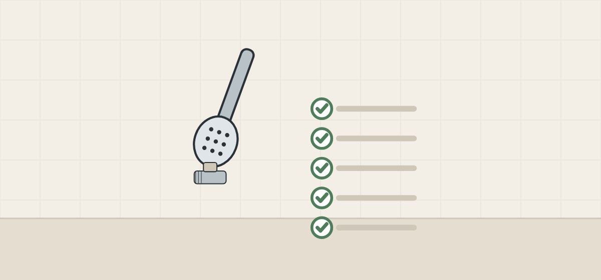 Illustration of a hand shower with a vacuum-breaker fitting beside a ticked checklist