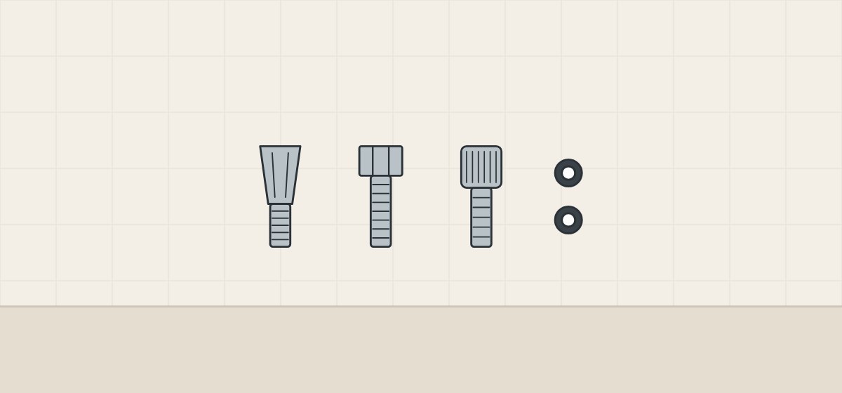 Illustration of three hose ends with a conical nut, a hex nut and a cylindrical nut, beside two sealing washers