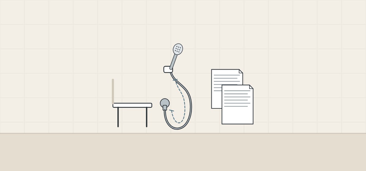 Illustration of a shower seat, a hand shower on a hose with a measurement line, and two standard documents