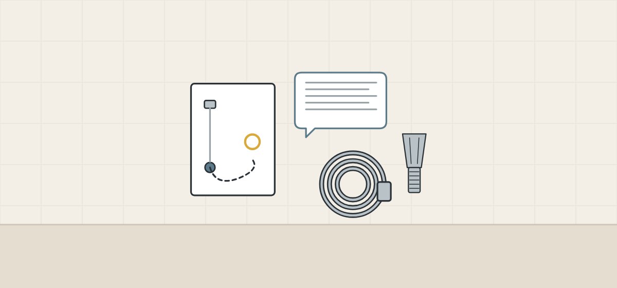 Illustration of a route sketch, a message bubble, a coiled hose and a hose nut