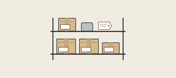 Illustration: a storage shelf holding cartons, a spare part and a tag