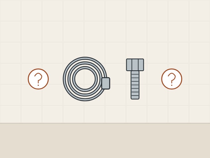 Illustration of a coiled hose and a hose nut between two question marks