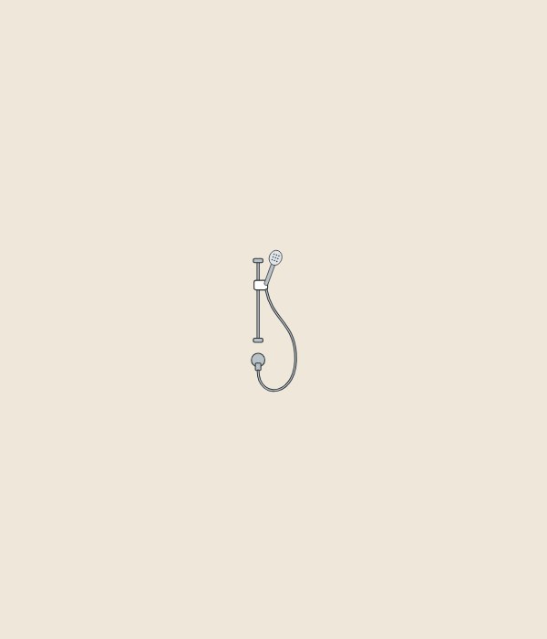 Illustration of a hand shower parked on a wall bar with its hose hanging in a loop from a wall outlet